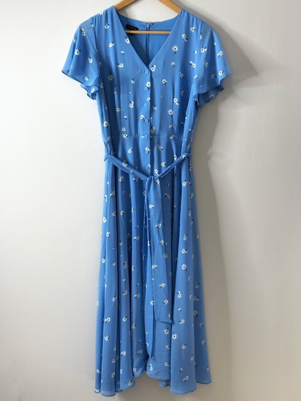 Talbots Midi Dress Scattered Floral Tie Front Belted Flowy Chiffon Short Sleeve - Picture 2 of 16